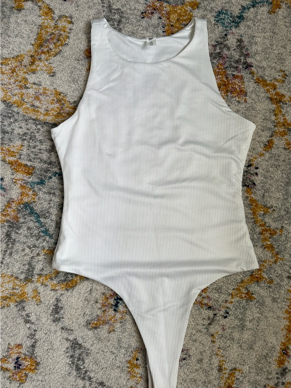 BP White Ribbed High-Cut Bodysuit